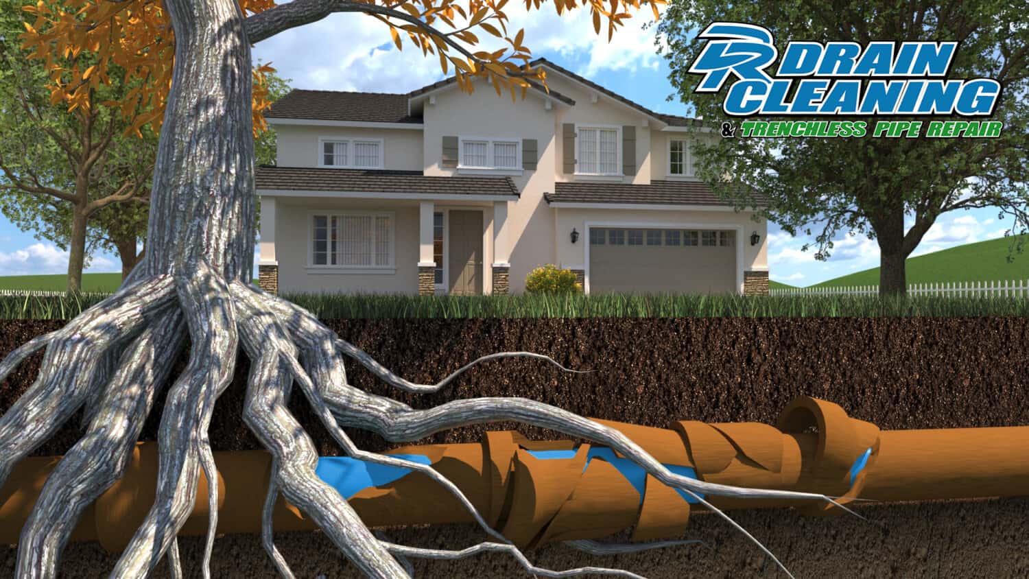 DR Drain Cleaning & Trenchless Pipe Repair Graphic of tree roots damaging pipe